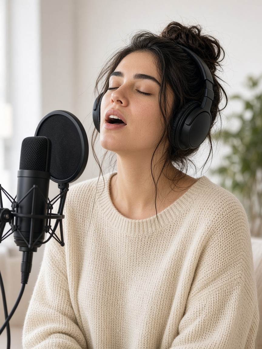 Vocalist recording a topline in a bright studio